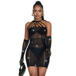 952235 Abito A Rete Con Strass Nero Taglia Unica - Subblime