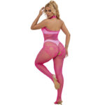 952389 Bodystocking A Rete E Pizzo Senza Cavallo Con Collo Alto Rosa Taglia Unica - Subblime - immagine 2
