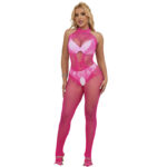 952389 Bodystocking A Rete E Pizzo Senza Cavallo Con Collo Alto Rosa Taglia Unica - Subblime