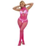 952389 Bodystocking A Rete E Pizzo Senza Cavallo Con Collo Alto Rosa Taglia Unica - Subblime - immagine 4