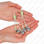 Pinze Per Capezzoli Teschio Luminoso Con Anello Campane Regolabili Verde/Argento - Kink - immagine 3