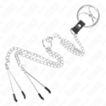 Anello Per Pene In Metallo Cromato Triplo Da 3 Cm A 4,5 Cm Con Catena In Metallo Da 26 Cm E Clip Per Capezzoli - Kink - immagine 4