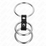 Anello Per Pene In Metallo Triplo Da 3,7 Cm A 5 Cm Collegato Con Pelle - Kink - immagine 3