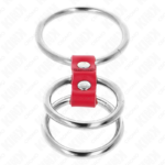 Anello Per Pene In Triplo Metallo Da 3,7 Cm A 5 Cm Collegato Con Pelle Rossa - Kink - immagine 4