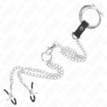 Anello Per Pene In Metallo Cromato Triplo Da 3 Cm A 4,5 Cm Con Catena In Metallo Da 26 Cm E Clip Per Capezzoli - Kink - immagine 5