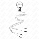 Anello Per Pene In Metallo Cromato Triplo Da 3,8 Cm A 5 Cm, Catena In Metallo Da 26 Cm E Morsetti Per Capezzoli Mod. 2 - Kink - immagine 3