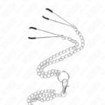Anello Per Pene In Metallo Cromato Triplo Da 3,8 Cm A 5 Cm, Catena In Metallo Da 26 Cm E Morsetti Per Capezzoli Mod. 2 - Kink - immagine 4