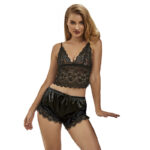 953935 Vestaglia Da Notte Casual In Seta + Pantaloni In Pizzo Nero S/M - Subblime
