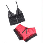 953959 Camicia Da Notte Casual In Seta + Pantaloni In Pizzo Nero/Rosso S/M - Subblime - immagine 4