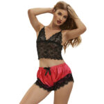953959 Camicia Da Notte Casual In Seta + Pantaloni In Pizzo Nero/Rosso S/M - Subblime - immagine 3