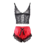 953966 Vestaglia Da Notte Casual In Seta + Pantaloni In Pizzo Nero/Rosso L/Xl - Subblime - immagine 7