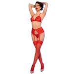 Cr 4848 Set Sujetador + Tanga + Medias De Encaje Rosso S - Chilirose - immagine 4