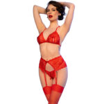 Cr 4848 Set Sujetador + Tanga + Medias De Encaje Rosso S - Chilirose - immagine 3