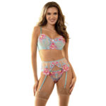 957643 Conjunto Sujetador Y Liguero Con Bordados De Flores Rosas S/M - Subblime