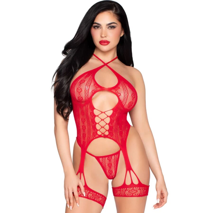 img_216599_86fa0cbaf2be6c68555da9ea05dd1f59_1.jpg 89338 Body Aperto In Pizzo Con Cinturino E Perizoma Rosso - Taglia Unica - Leg Avenue - immagine 1
